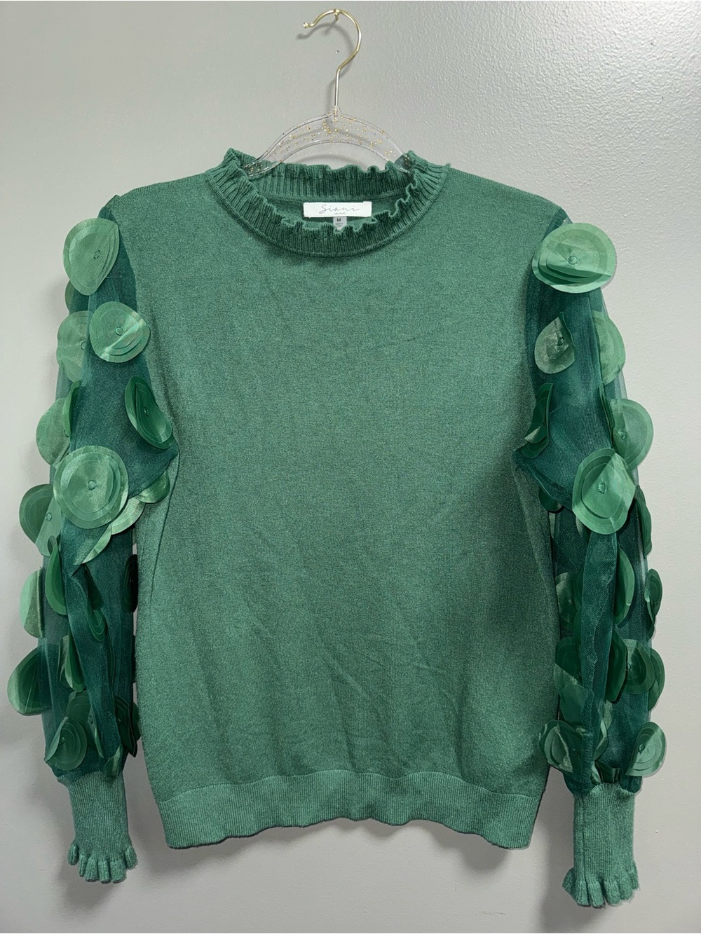 Sioni Milano Green Ruffle Neck Sweater M